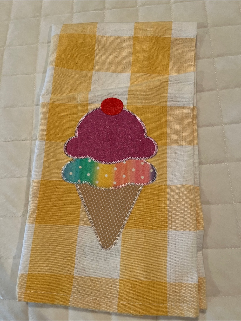 Yellow Gingham Ice Cream Appliqué Kitchen Towel - Cheerful Summer Accent